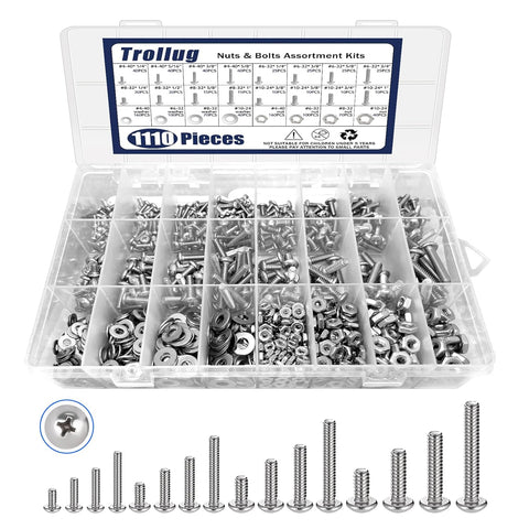 1110Pcs. Nuts and Bolts Assortment Kit, Stainless Steel Hardware Assortment Kit with Assorted Screws, Nuts, Bolts and Washers