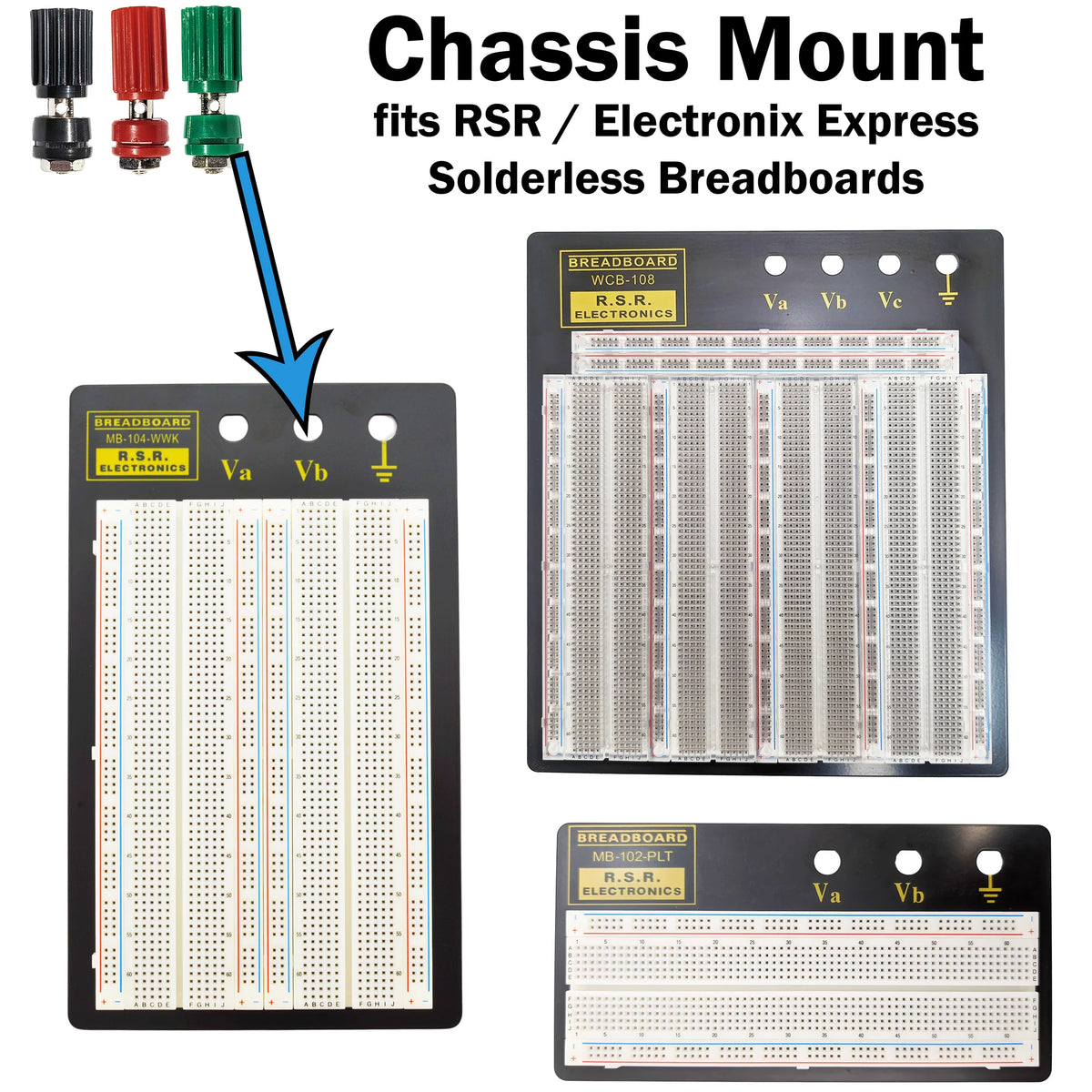 3 Piece Binding Post Set, Chassis Mount for Solderless Breadboard In