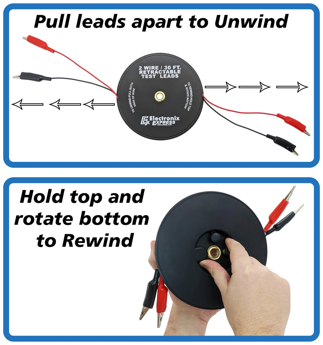 2 Wire 30 Foot Retractable Test Leads, Red and Black 18 Gauge Wire