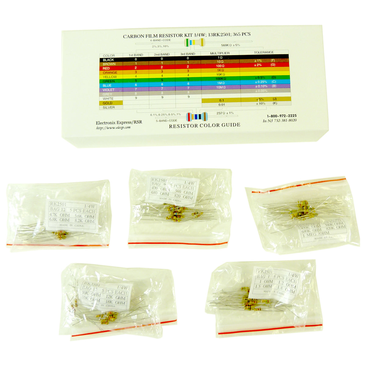365 Piece Resistor Kit 1/4 Watt in Compartmentalized Cardboard