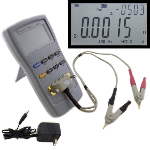 LCR Meter - Test Frequencies: 100Hz, 120Hz, 1KHz Test Parameters: L/Q, C/D, R/Q, Z/Q - Kelvin Test Clip Leads and DC Adapter Included