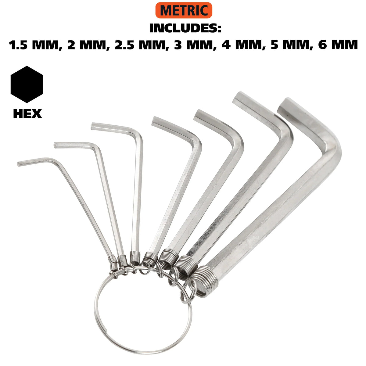 GreatNeck 7 Piece Metric Hex Key Ring Set 1.5mm, 2mm, 2.5mm, 3mm, 4mm Electronix Express