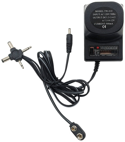9w, 500mA Universal AC/DC Power Adapter 1.5, 3, 4.5, 6, 7.5, 9 and 12V DC with 4 Foot Cord
