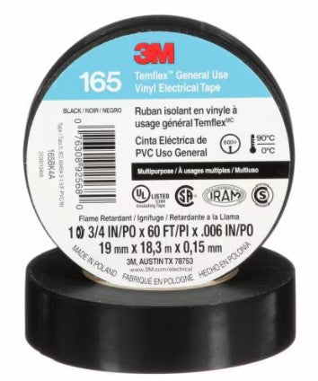 3M™ Temflex™ Vinyl Electrical Tape 165, Black, 3/4 in x 60 ft x .006 in