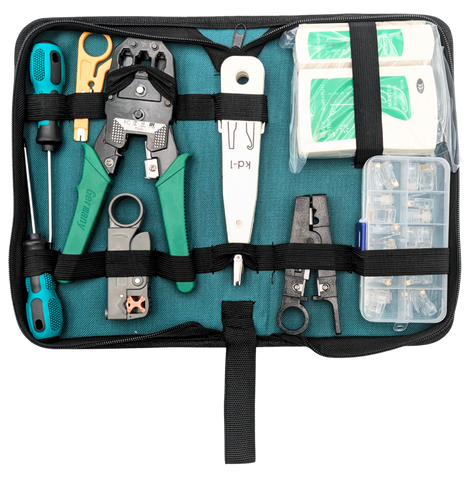 7-in-1 Network Tool Kit with RJ45 Ethernet Crimping Tool, Punch Down Tool, Punch Down Stand, Cable Tester, RJ45 Connectors, RJ45 Boots, and Wire Strippers - Carrying Case Included