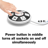 ETL Certified Round Power Strip - 5 Outlets with Surge Protection, 2 USB Charging Ports, and On/Off Button