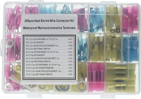 250 Pieces Assorted Insulated Heat Shrink Electrical Wire Terminals Set, Waterproof Crimp Connectors - Includes Spade, Butt, Fork, M/F Quick, Ring