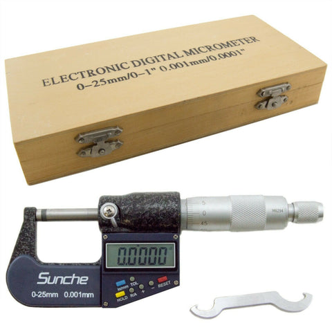 0-1" Range Digital Micrometer with 6 Digit LCD Display .0001" Graduation, Features mm/inch Conversion Button (0-25mm Range, 0.001mm Resolution)