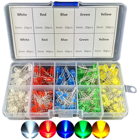 300 Piece LEDs 3mm & 5mm in White Red Blue Green Yellow, 2-Pin Diffused LED (Light Emitting Diodes) with Storage Case