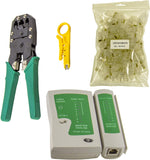 Cable Crimp Tool, Wire Stripper, LAN RJ45 and RJ11 Tester and 100 Cat5e Plugs