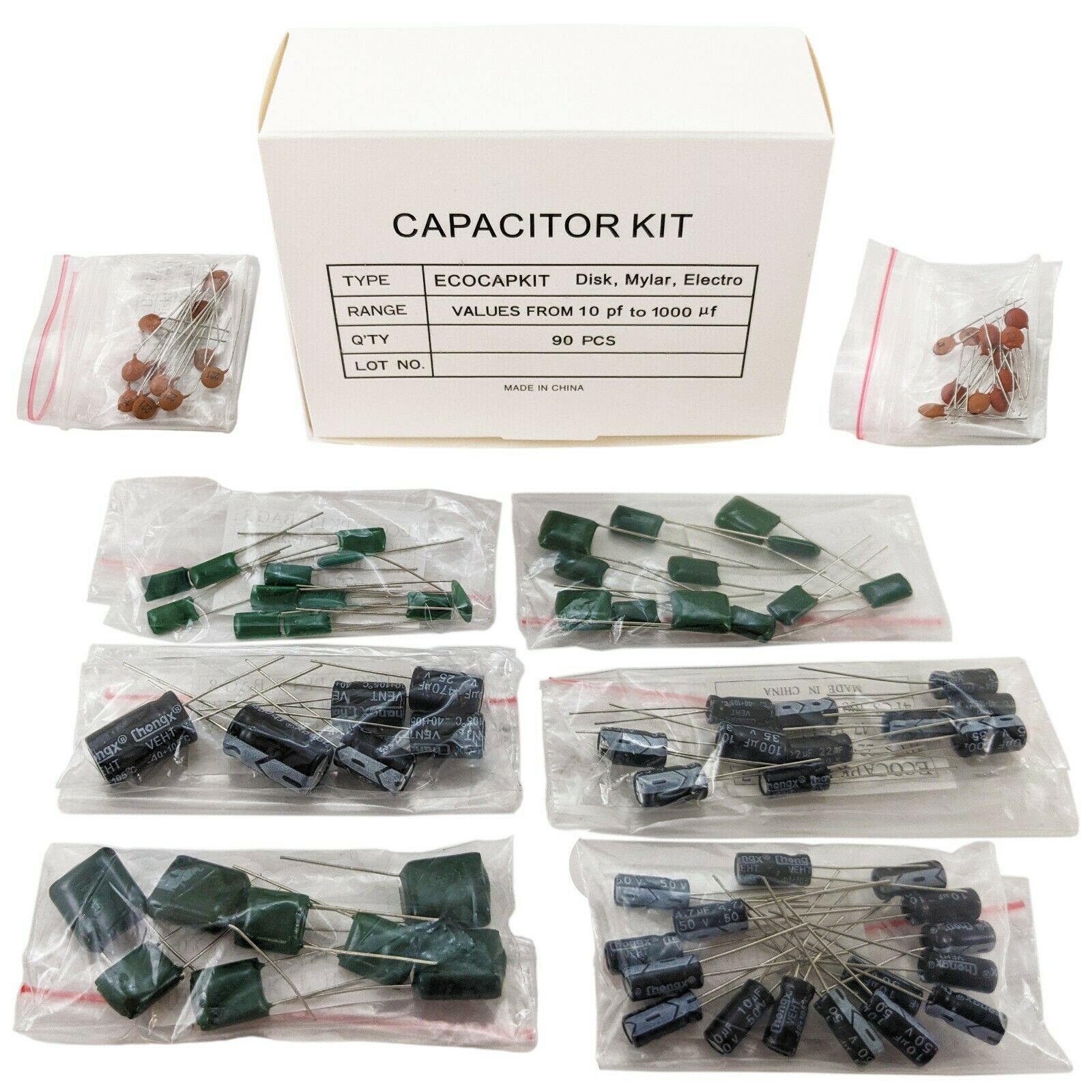 Capacitor Kit, 90 Assorted Disk, Mylar, and Electro Capacitors in Storage Box