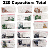 ½ Watt Resistor and Capacitor Combo Kit - Includes an Assortment of 365 Resistors and 220 Capacitors in Slotted Storage Boxes