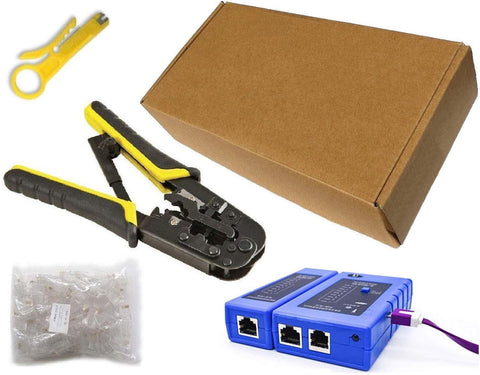 Crimper & Cable Tester Kit with 100 RJ45 CAT5e Connector Plugs & Wire Stripper