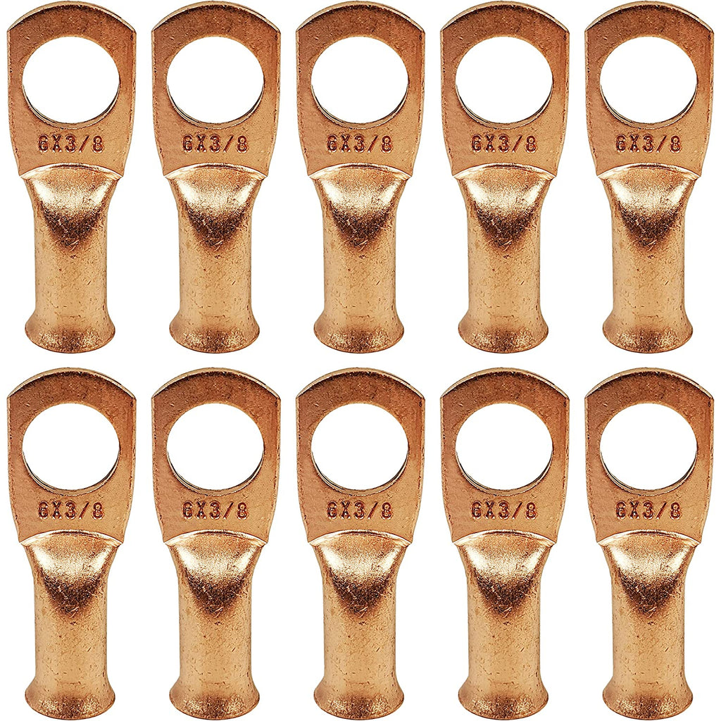 2 AWG Bare Copper Ring Terminals - 3/8" Hole, Battery Cable & Welding Lugs (10 Or 20 Pack)